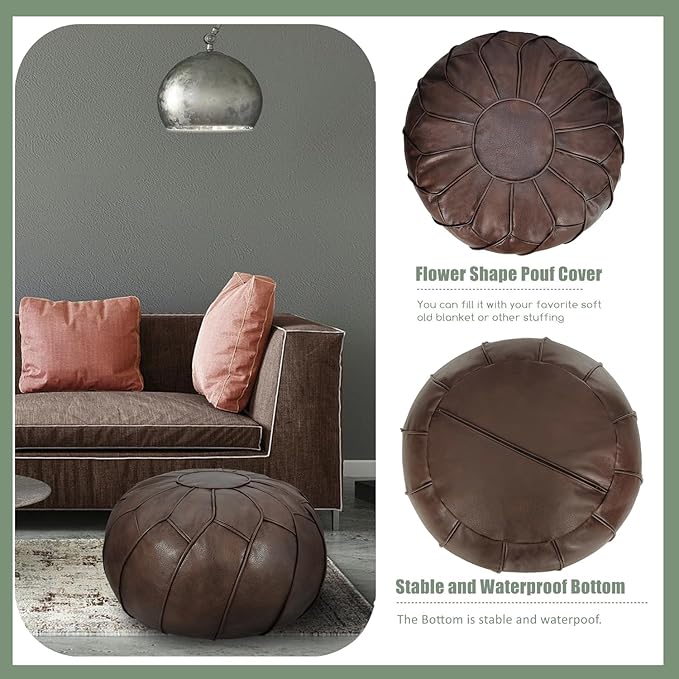 Thgonwid Round Unstuffed Pouf Cover, Leather Foot Stool Ottoman with Storage, Bean Bag Floor Chair, Multi Functional Footrest for Living Room, Bedroom or Balcony (Deep Coffee)