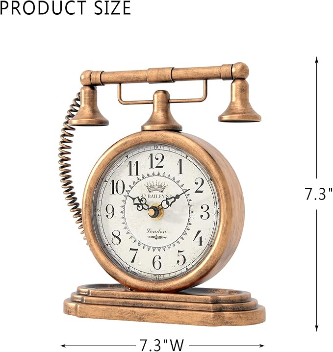 Vintage Table Clock, Desk and Shelf Decor Clock, Gold Antique Telephone Style Mantel Clocks, for Living Room, Farmhouse, Bedroom, Bedside, Gift (7.3" H x 7.3" W)