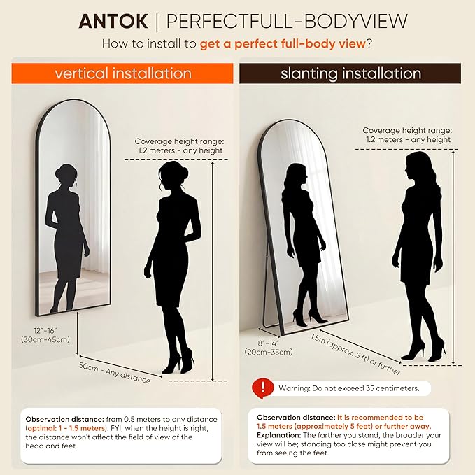 Antok Full Length Mirror, 59"x18" Floor Mirror, Arched Floor Standing Freestanding Arch Full Body Mirrors with Stand for Bedroom, Hanging Mounted for Living Room Cloakroom,Black