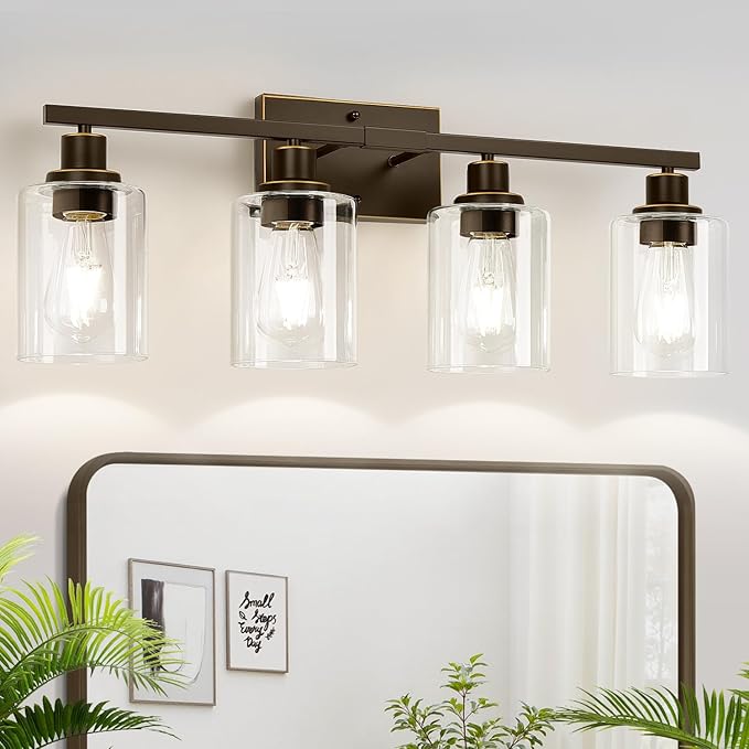 4-Light Bathroom Light Fixtures, Vanity Light with Clear Glass Shades, Oil-Rubbed Bronze Bathroom Light Fixtures Over Mirror, Modern Bathroom Wall Lamp for Mirror Living Room Cabinet Bedroom
