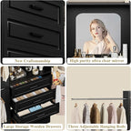 Unikito 8FT Closet System with Mirror, 96 Inch Walk in Closet Organizer Kit with Drawers and 3 Extendable Hanging Rods, Sturdy Wood Clothing Garment Rack with 25” Tower, Max Load 1000 LBS, Black