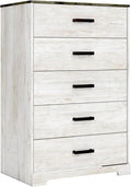 Signature Design by Ashley Shawburn Rustic 5 Drawer Chest of Smooth-Gliding Drawers and Safety Stop, White & Gray
