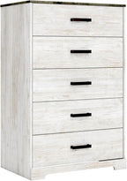 Signature Design by Ashley Shawburn Rustic 5 Drawer Chest of Smooth-Gliding Drawers and Safety Stop, White & Gray