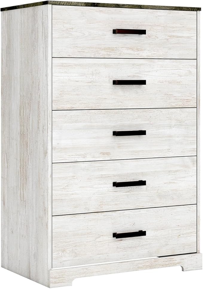 Signature Design by Ashley Shawburn Rustic 5 Drawer Chest of Smooth-Gliding Drawers and Safety Stop, White & Gray