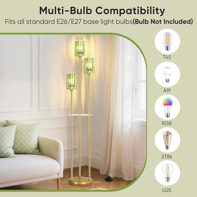 Gold Floor Lamps for Living Room, Modern Floor Lamp with Shelves, Mid Century Crystal Standing Lamps with Table, Brass Tall Lamp with Crystal Shade Vintage Retro Corner Floor Lamp for Bedroom, Green