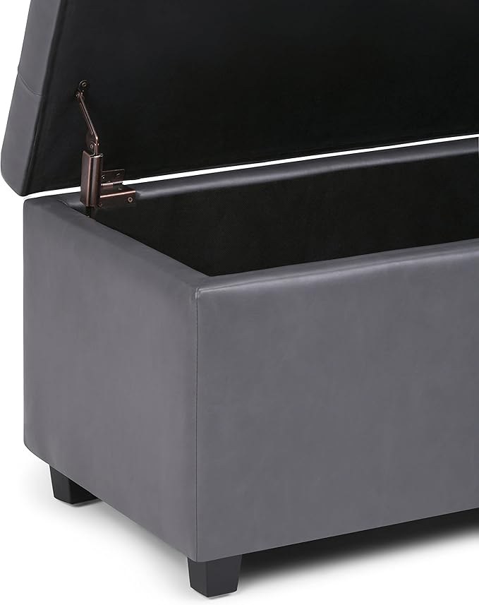 SIMPLIHOME Cosmopolitan Storage Ottoman - 34 inch Wide Upholstered Vegan Leather Rectangle Storage Ottoman Bench in Stone Grey, Transitional Tufted Ottoman for Living Room or Entryway with Lift-Up Lid