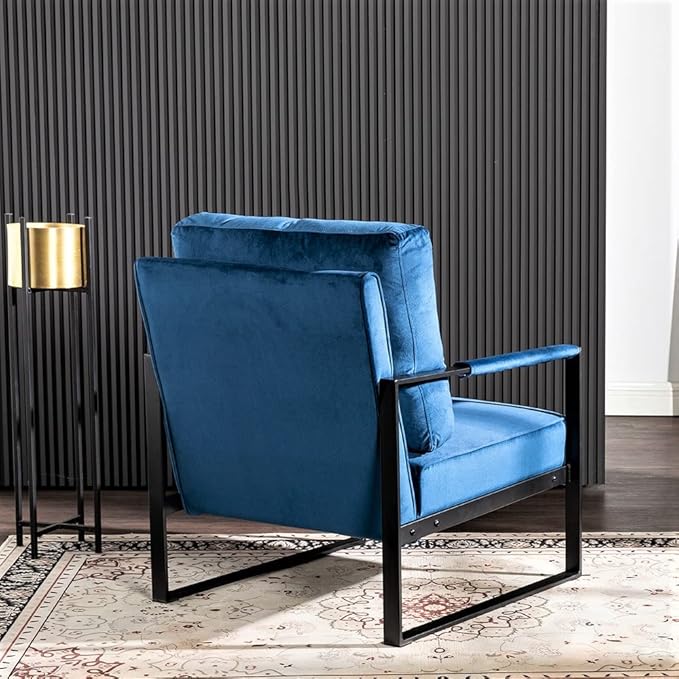 Container Furniture Classic Mid Century Modern Accent Chair with Durable Square Metal Frame, Armchair for Living Room, Bedroom, Home Office in Plush Velvet Upholstery, Blue