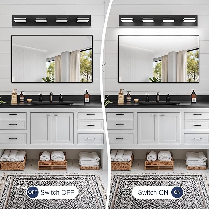 Bathroom Vanity Lighting Fixtures Over Mirror (4-Light, 30-Inch) Modern LED Bathroom Wall Lighting Fixtures, Matte Black (Cool White 6000K)