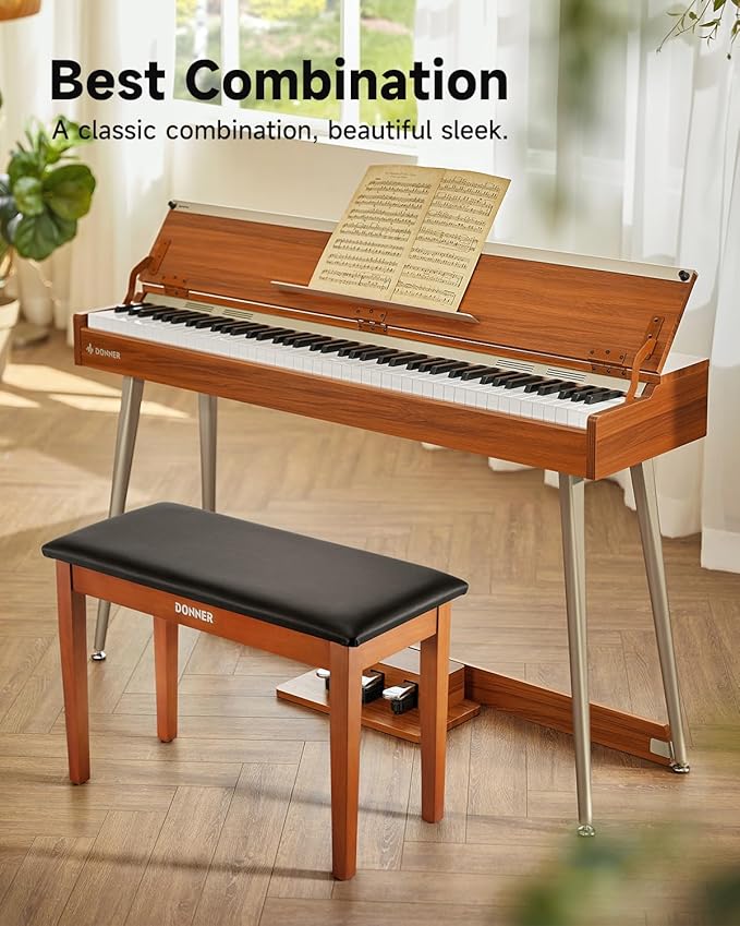 Donner Duet Piano Bench with Storage, Solid Wooden Keyboard Bench Piano Bookcase Stool Chair Seat with High-Density Sponges Padded Cushion, Wood Finish Color