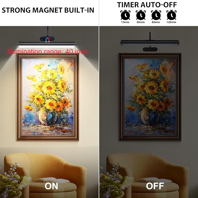 Wireless Picture Light for Wall, Battery Painting Lighting with Metal Material, Remote Control,3 Lighitng Colors,300LM Brightness Dimmable, Timer Auto-off, Adjustable Light head for Portrait Gallery