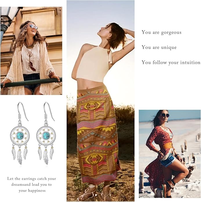 Dream Catcher Earrings for Women 925 Sterling Silver Western Earrings Dream Catcher Dangle Cowgirl Earrings Bohe Jewelry Gifts for Women