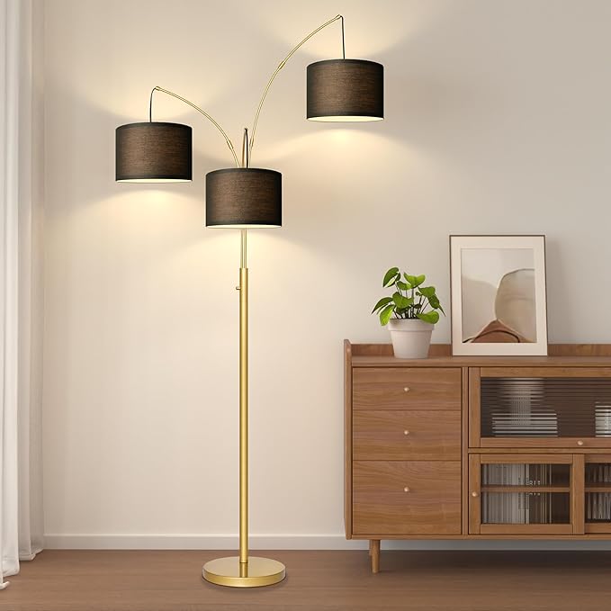 Nintiue Dimmable Floor Lamp - 3 Lights Gold Floor Lamps for Living Room with Black Shades & Heavy Base, Mid Century Tree Floor Lamp for Bedroom Office, 3 LED Bulbs Included
