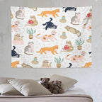 VUMIVI Cute Cat Tapestry Kids Hand-Painted Doodles Colorful Illustrations Potted Plants Paw Prints Tapestry Wall Hanging for Living Room Bedroom Dorm Classroom Aesthetic Decor W80xL60in