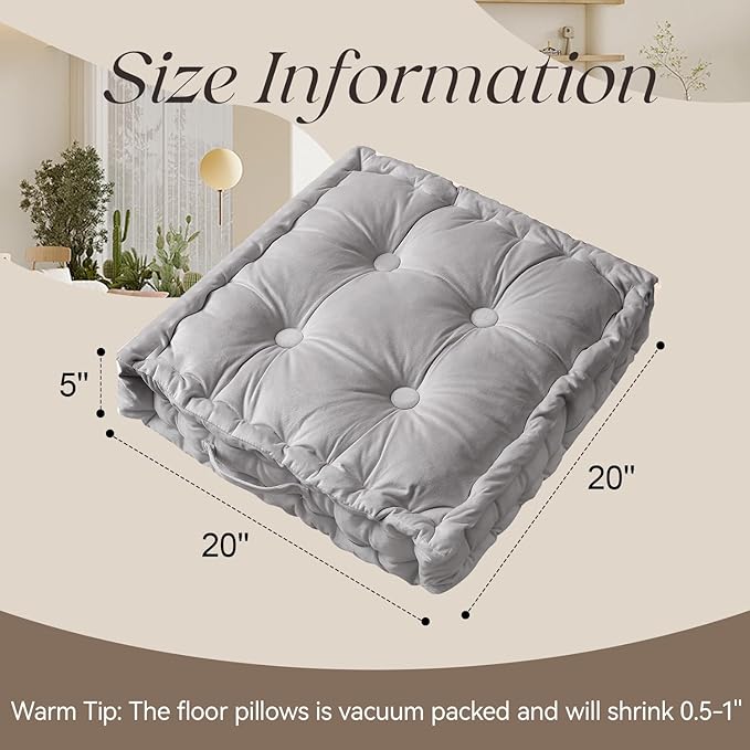 Square Floor Pillows, Large Floor Cushion for Adults Kids, Meditation Floor Pillow Seating Cushion with Shredded Memory Foam and Silk Wadding, 20"x20"x5" Dark Grey 2 Count