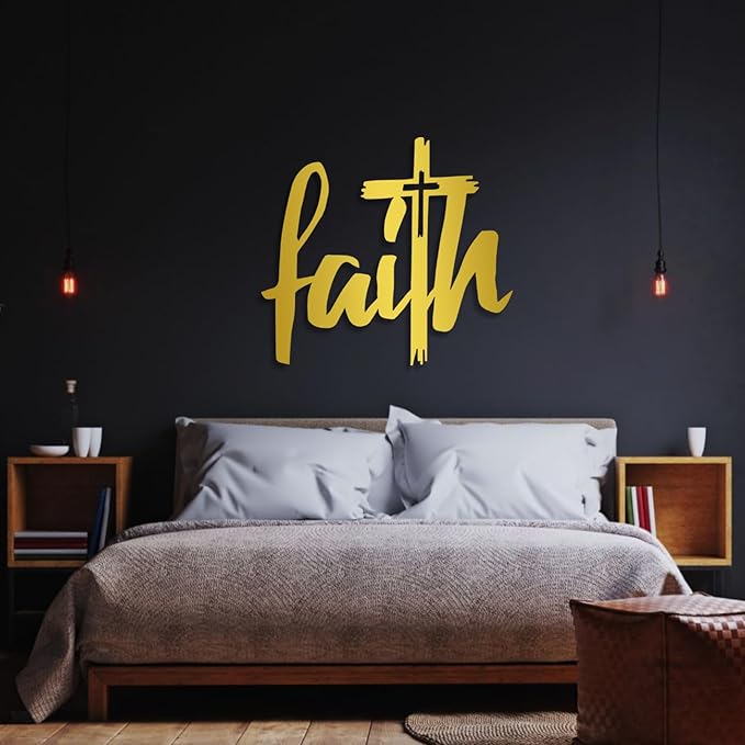 Faith Cross Metal Wall Sign, Faith Metal Wall Decor, Christian Cross Wall Decor, Religious Art Wall Decor, Spiritual Wall Art, Metal Wall Art, Wall Decor for Living room, Church (28"x25" | 70x64cm, White)