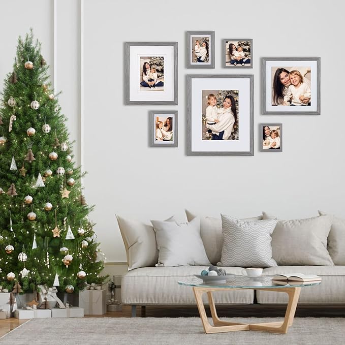 Egofine 4x6 Picture Frames Set of 4, Made of Solid Wood Covered by Plexiglass 3x4.5 and 3.5x5 with Mat or 4x6 without Mat, for Table Top Display and Wall Mounting Photo Frame, Light Grey