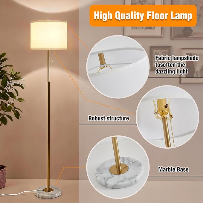 Modern Floor Lamp for Living Room with White Shade, Pull Chain Switch, 66" Tall Industrial Floor Lamps Reading with Marble Base for Bedroom Office (9W LED Bulb Included) -Gold