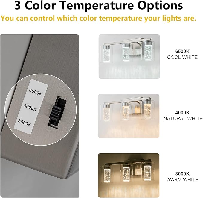 SineRise 3-Light Brushed Nickel Vanity Light with 3 Color Modes (3000K/4000K/6000K), Eye Protection LED Bathroom Light Fixture, Dimmable Modern Wall Light Over Mirror with Clear Glass Shade