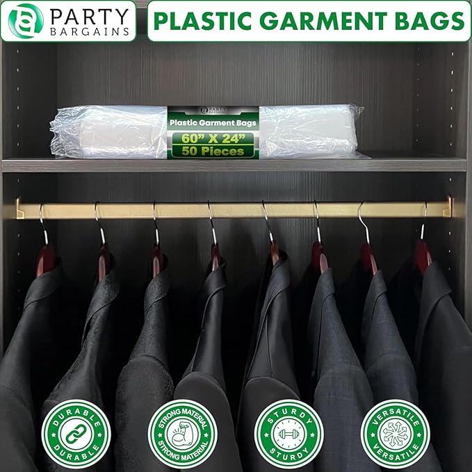Party Bargains 60x24 Inch Clear Plastic Garment Bags, 100 Pack