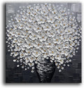 Modern White Floral Wall Art Canvas, 3D Textured Flowers in Black Vase, Hand-Painted Bouquet Painting for Living Room