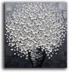 Modern White Floral Wall Art Canvas, 3D Textured Flowers in Black Vase, Hand-Painted Bouquet Painting for Living Room