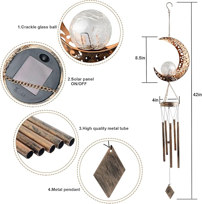 Moon Wind Chimes Solar Outdoor, Mother's Day Wind Chime Gift for Mom, Women, Grandma, Garden Courty ard Lawn Decor, Thanksgiving Gifts, Moon Gifts, Wind Chimes for Outside