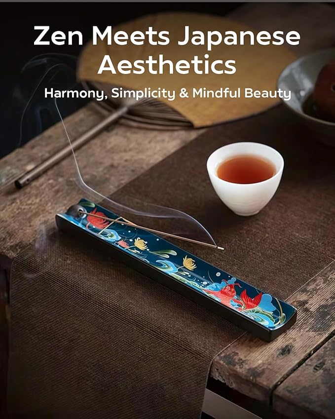 Japanese Incense Stick Holder with Ash Catcher - Ceramic Incense Burner with Traditional Ukiyo-e Art, for Zen Meditation, Home Decor & Gift