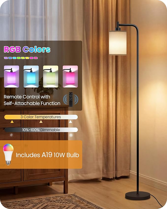 RGB Floor Lamp for Living Room with Remote and Foot Switch, Modern Standing, Dimmable Corner Lamp,10W Bulb 3 Color Temperatures, for Bedroom, Office, Corner, ETL Listed, White RCW19LD05