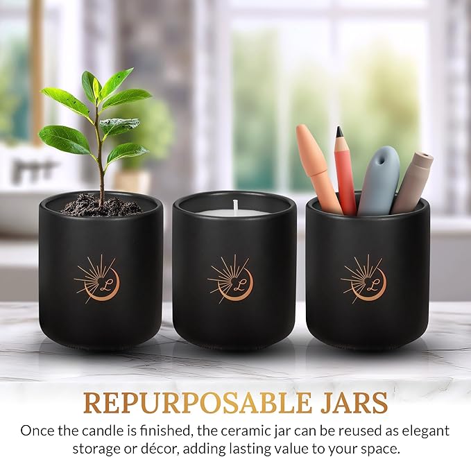 Sandalwood Soy Wax Candle 8.8oz — Matte Black Ceramic Jar, Cotton Wick — Long-Lasting 52-Hour Clean Burn — Aromatherapy Gift Candle for Men and Women, Bedroom and Living Room