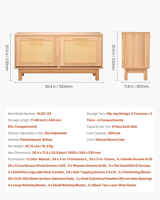 VEVOR Rattan Shoe Storage Bench, Entryway Bench with 2 Flip Drawers, Holds up to 300 lbs with 4 Compartments and 2 Rattan Doors, 39.4 x 11.8 x 20.9 Inches for Hallway, Living Room, Bedroom