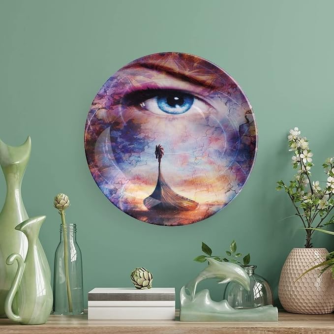 XISUNYA 6 Inch Decorative Plate, Viking Dinner Plate, Boat on Beach and Woman Eye Boat Print Ceramic Wall Hanging Decor Accessory for Dining Table Tabletop Home Decor, Red Orange