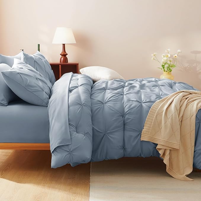 CozyLux Queen Comforter Set Grayish Blue, 7 Pieces Pintuck Bed in A Bag, Premium Blue Comforter Queen Size, Pinch Pleat Bedding Sets with Comforter, Sheets, Pillowcases & Shams