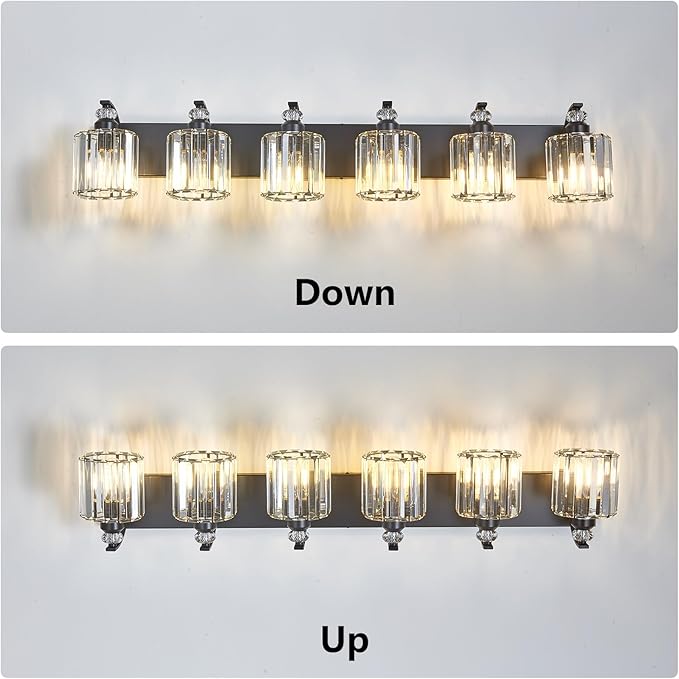 6-Light Black Bathroom Light Fixture Modern Vanity Lights Over Mirror Vintage Wall Sconce Lighting for Bathroom, Bedroom, Living Room, Hallway E26 Base with Crystal Bathroom Vanity Light