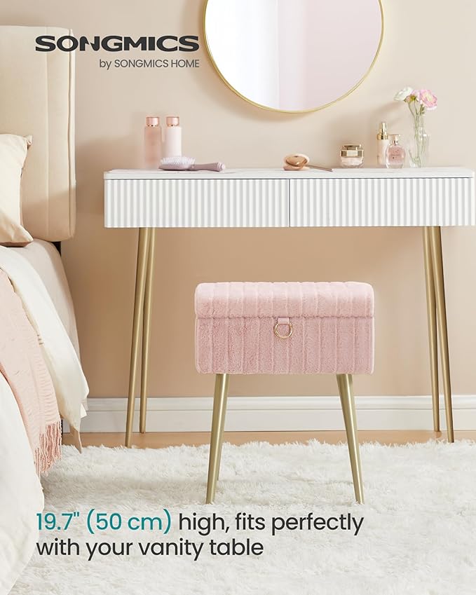 SONGMICS Vanity Stool Chair with Storage, Makeup Stool, Footrest Footstool Ottoman, Metal Legs, Adjustable Feet, for Living Room, Bedroom, Makeup Room, Jelly Pink ULOM505SZ02