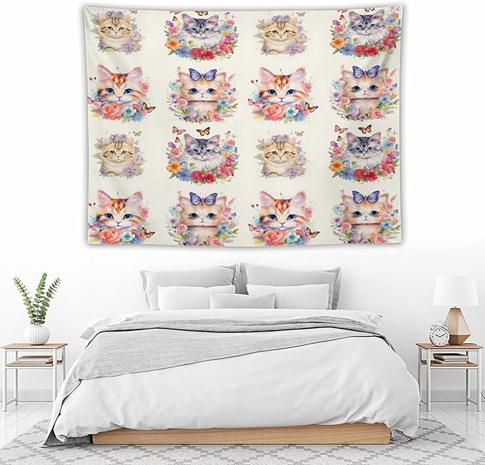 VUMIVI Watercolor Flower Cat Tapestry Colorful Cartoon Cute Animals Butterflies Abstract Art Print Tapestry Wall Hanging for Living Room Bedroom Dorm Classroom Aesthetic Decor W80xL60in
