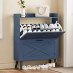 32" W Farmhouse Shoe Storage Cabinet with 2 Flip Drawers and Barn Door Design, Adjustable Shelves, Modern Hidden Slim Narrow Shoe Rack Cabinet for Entryway, Foyer, Hallway, Living Room, Blue