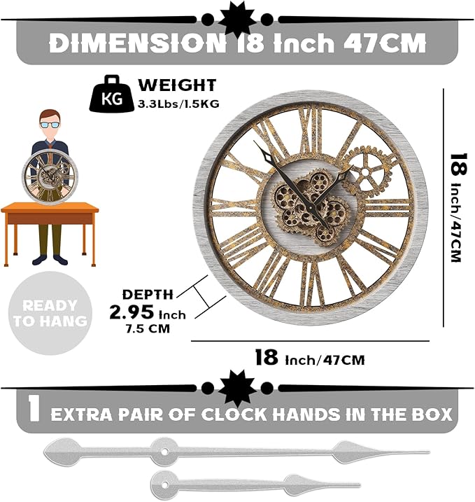 The B-Style Large Wall Clock 24 inch Moving Gear Wall Clock Oversized Vintage Farmhouse Wall Clocks for Living Room Decor Rustic Industrial Wood Clock (Silver gray, 18 inch/46cm)
