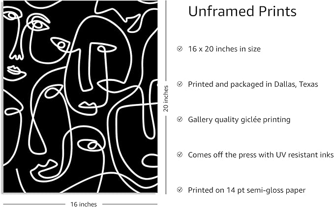 Y2K BOO Abstract Face Pattern UNFRAMED Wall Art Black Background White Continuous Line Drawing 16x20 Inch Heavyweight Paper Studio Home Decor Print