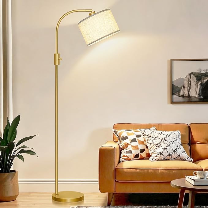 Nintiue Upgraded Modern Arc Dimmable Tall Standing Floor Lamp with Linen Shade, 1200 Lumens LED Bulb Included, for Living & Reading Room, Bedroom, Office & Nursery, Gold