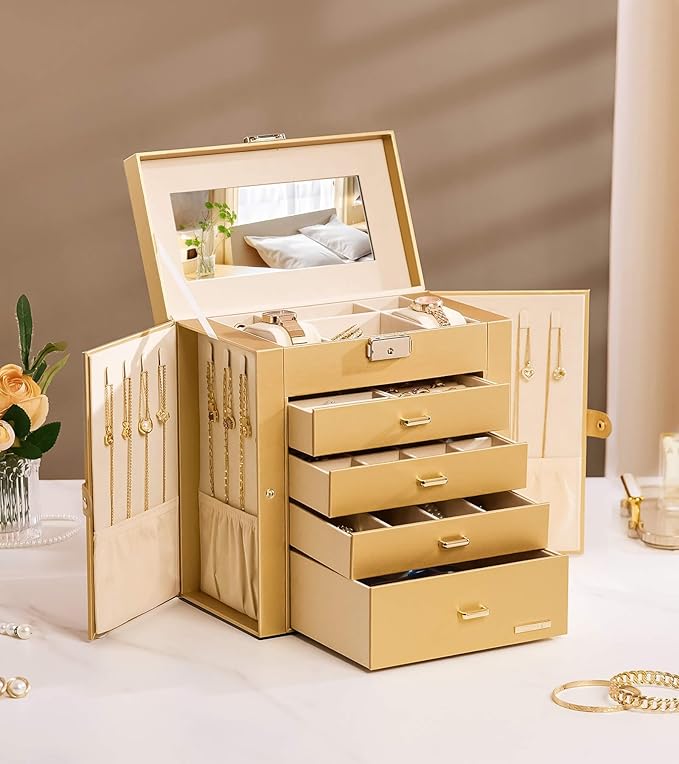 Valentine's Day Gifts Homde Synthetic Leather Huge Jewelry Box Mirrored Watch Organizer Necklace Ring Earring Storage Lockable Gift Case (Gold)