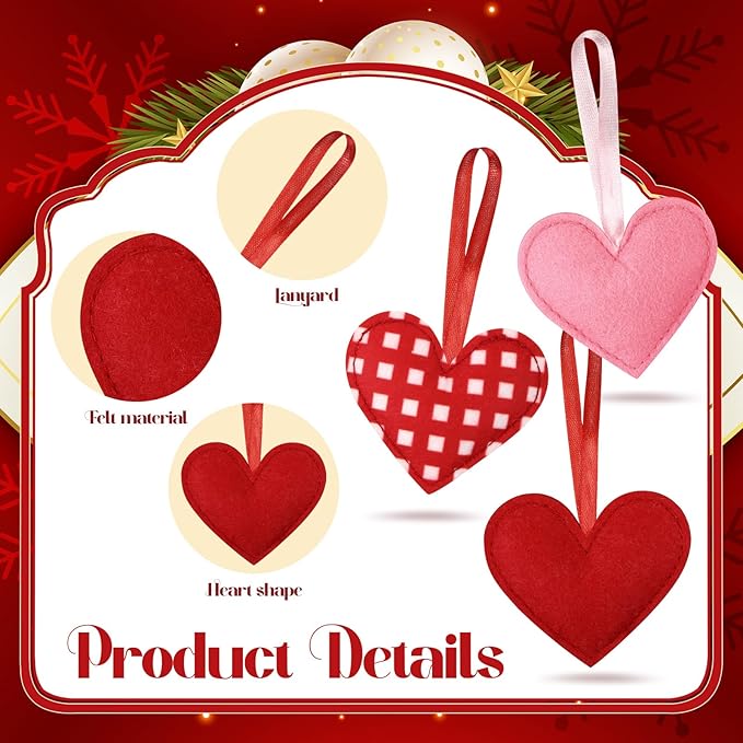 Syhood 12 Pcs Valentine's Day Felt Heart Ornaments Hanging Tree Decor for Wedding, Anniversary, Christmas Party Supplies, Winter Home Decorations(Pink and Red,Classic Style)