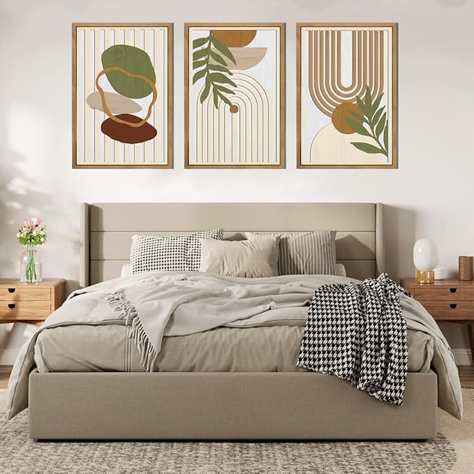 DRACIT Large Sage Green Boho Wall Art Set Abstract Modern Geometric Wood Wall Decor Mid Century Neutral Artwork Bohemian Art Decor for Living Room Bedroom Office-16x24Inch x3