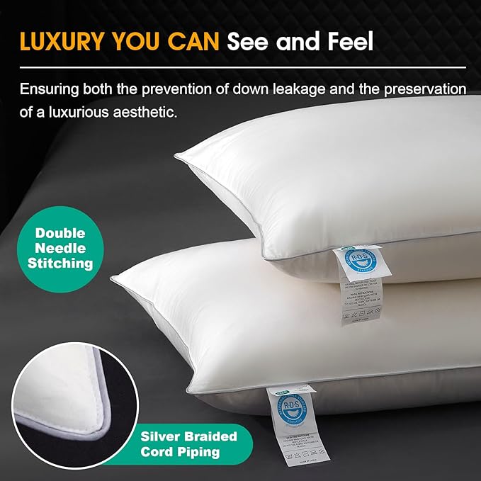 Ivellow Goose Feather Pillow King Size Set of 2 Hotel White Goose Down Bed Pillows for Sleeping 100% Cotton Pillow Cover Luxury Cloud Soft Breathable Fluffy Pillow for Back, Side, Stomach Sleepers