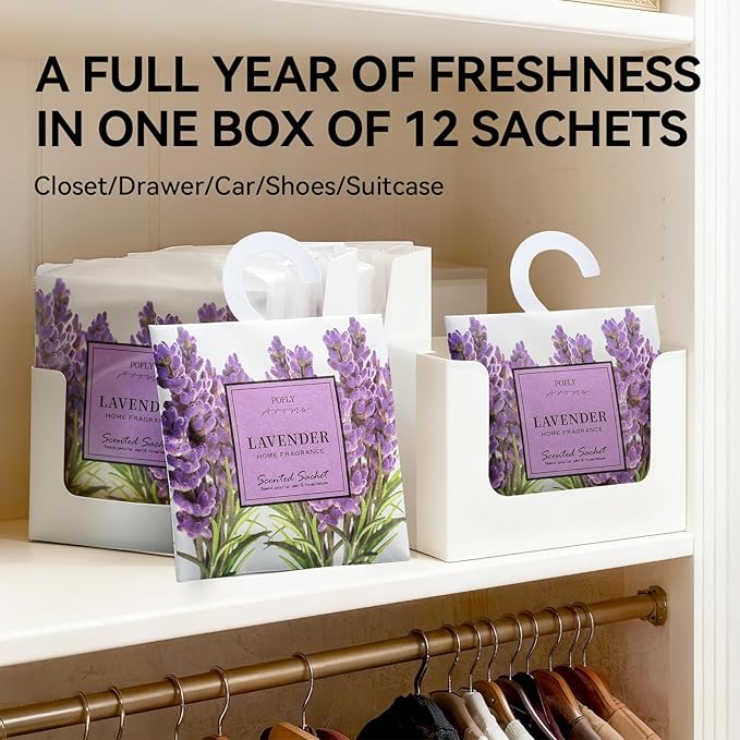 12 Pack Large Lavender Scented Sachets – Hanging Closet & Drawer Deodorizer & Air Freshener, Long-Lasting Aroma