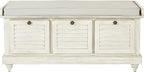 OSP Home Furnishings Dover Coastal Lift-Top Storage Bench with Shutter Face Styling, White Wash Finish with Off-White Fabric Cushion