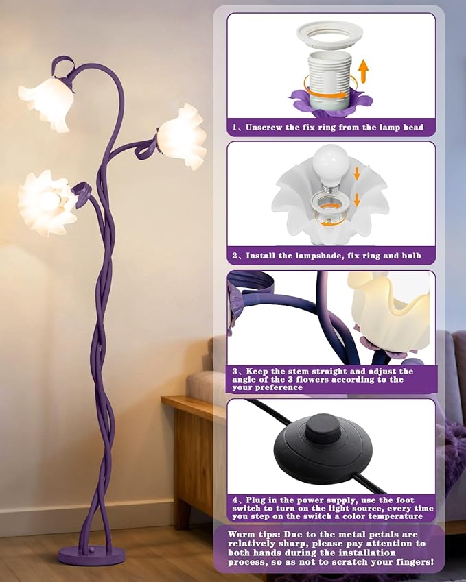 Flower Floor Lamp for Bedroom - 3 Color Temperatures Decorative Flower Tall Standing Lamp for Reading with Flexible Neck for Bedroom Living Room Office Corner (Purple)