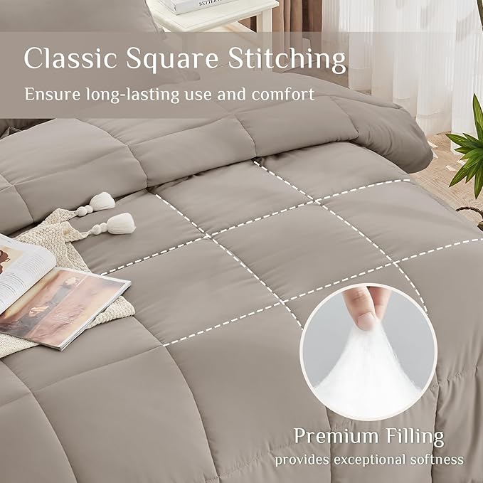 JOLLYVOGUE Full Comforter Set, Ultra-Soft Bed in a Bag Full Size 7 Pieces, Oeko-TEX Certified Bedding Set with Down Alternative Comforter, Sheets, Pillowcases & Shams, Khaki