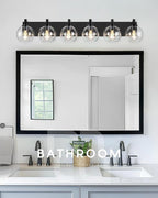 Bathroom Light Fixtures, 6 Light Matte Black Vanity Light, 38 Inch Modern Wall Sconces with Globe Clear Glass Shade, Vanity Lighting Fixtures Over Mirror, VL195-MB-6