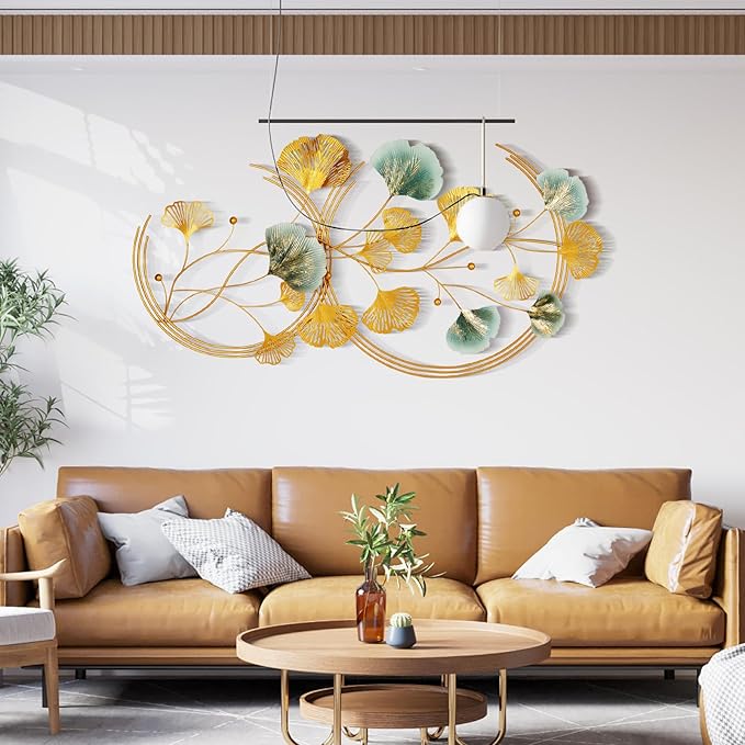 Babyieia 3D Ginkgo Leaf Metal Wall Art Decor for Living Room, 59" Gold Wall Art Decorations, Large Modern Metal Wall Sculptures