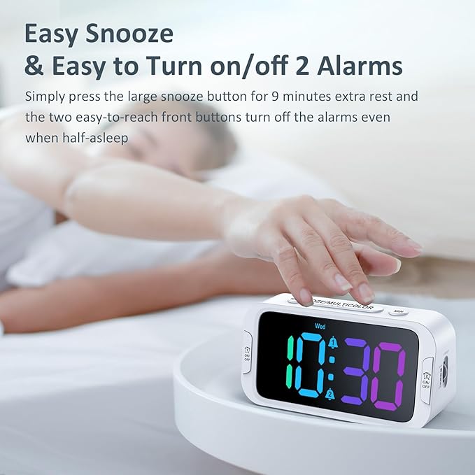 Dual Colorful Alarm Clock for Kids Bedroom - 0-100% Dimmer, 5 Alarm Sounds, USB Charger, Easy to Set, Weekday/Weekend Mode, Snooze, 12/24Hr, Battery Backup, Digital Clock for Teens Boys Bedside